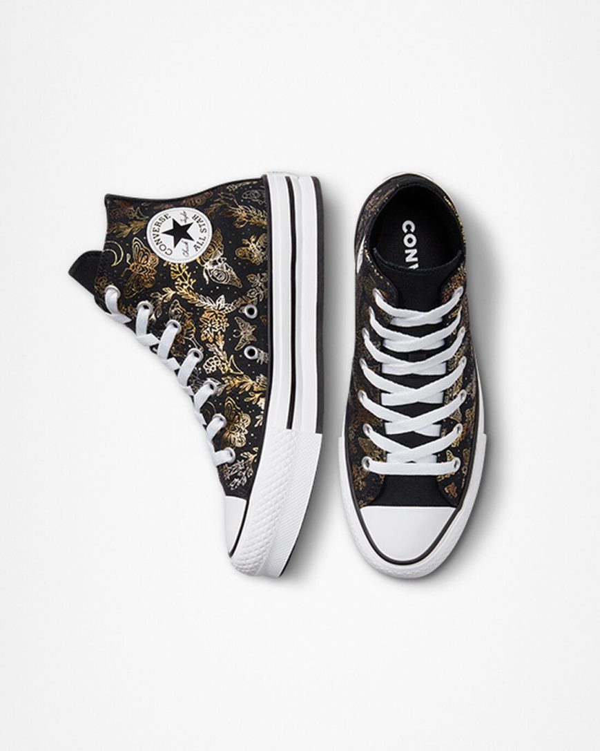 Girls' Converse Chuck Taylor All Star EVA Lift Butterfly Shine High Top Platform Shoes Black / Gold / White | AU 89463G